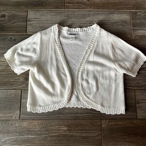 Vintage 80s/90s White Knit Cropped Shrug Cardigan Short Sleeve Ruffle Trim Mediu